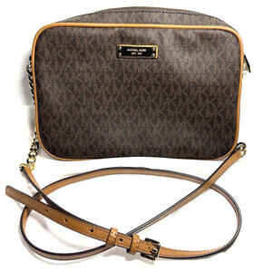 Michael Kors Jet Set Brown MK Signature Crossbody PVC Bag Leather Trim